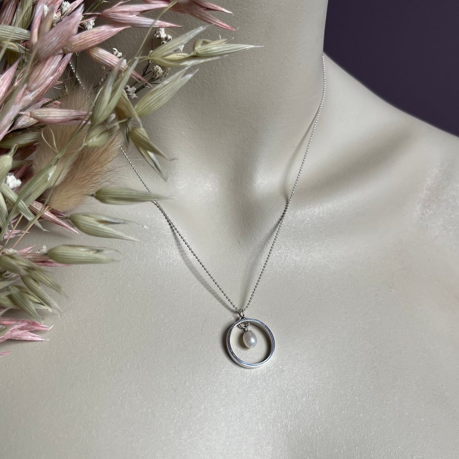 Rice Pearl Hoop Pendant on 18" Ball Chain - Handmade, Sterling Silver