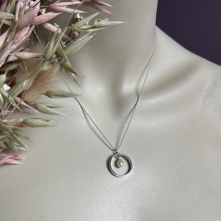 Rice Pearl Hoop Pendant on 18" Ball Chain - Handmade, Sterling Silver