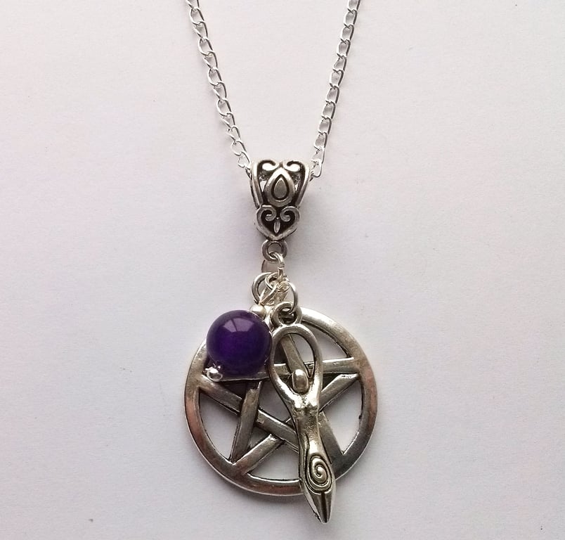 Purple Amethyst Goddess Pentacle Cluster Pendant Necklace Wicca Pagan