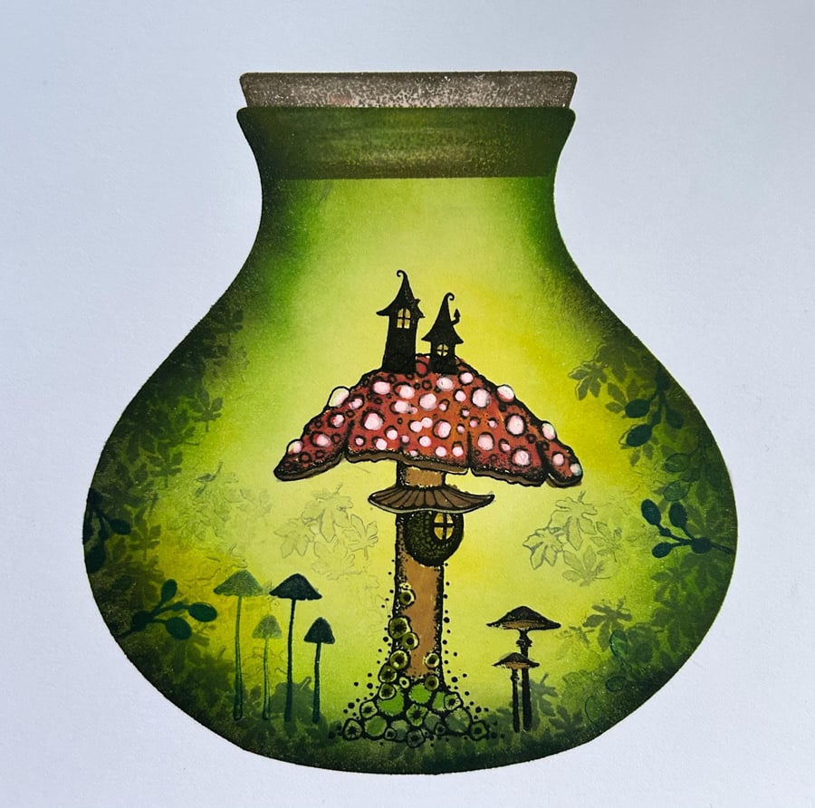 Handmade 7 square greeting card mushroom village in bulbous jar, unique, fairy, 