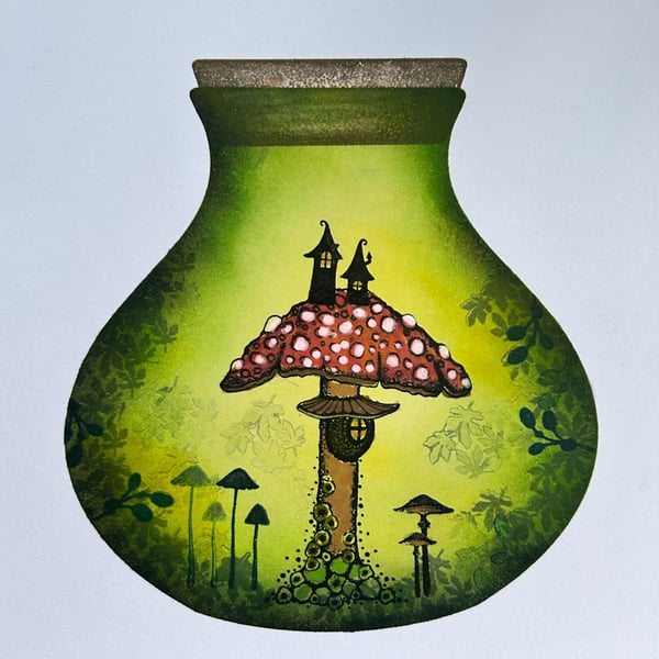 Handmade 7 square greeting card mushroom village in bulbous jar, unique, fairy, 
