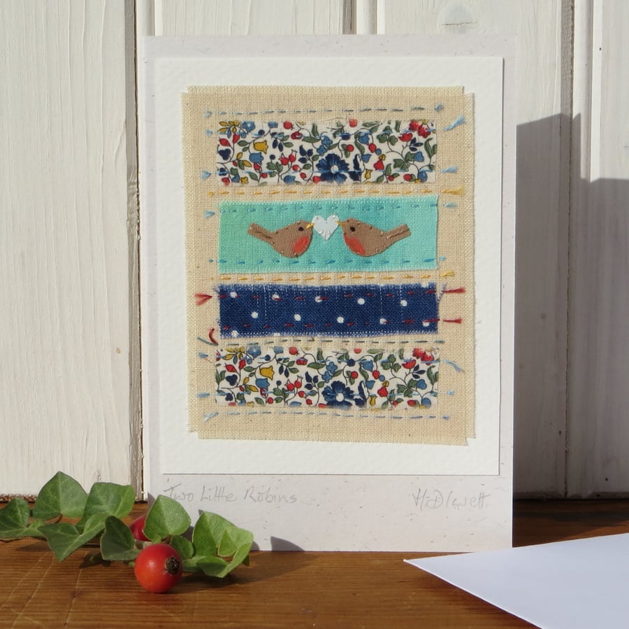 Two Little Robins, hand stitched textile made with Liberty fabrics and hand-dyed