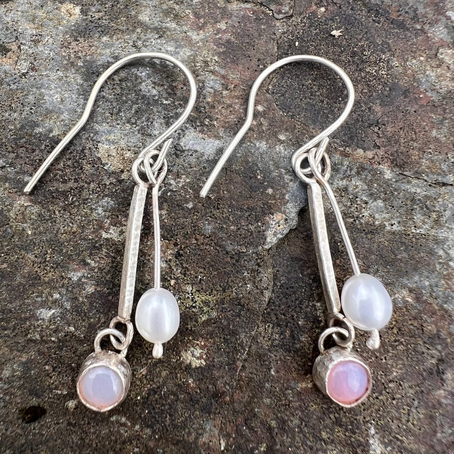  Silver Dangle Earrings with Pink Opal and Freshwater Pearl