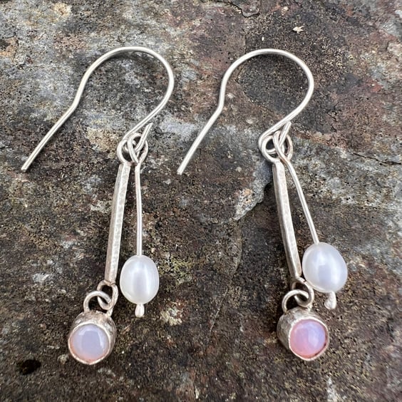  Silver Dangle Earrings with Pink Opal and Freshwater Pearl