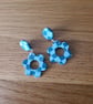 Retro Styled Stud and Drop Blue Gingham Check Flower Shaped Earrings