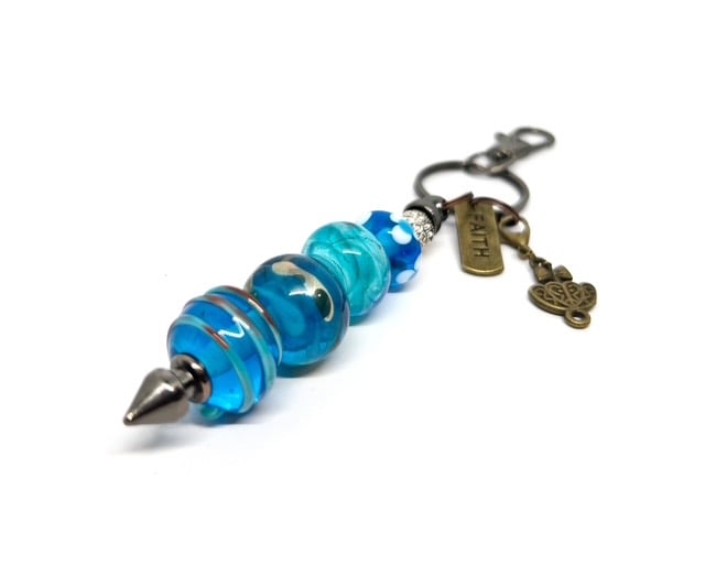 Handmade Lamp-work Glass Bead Bag Charm Keyring with added Charms Unique Gift 