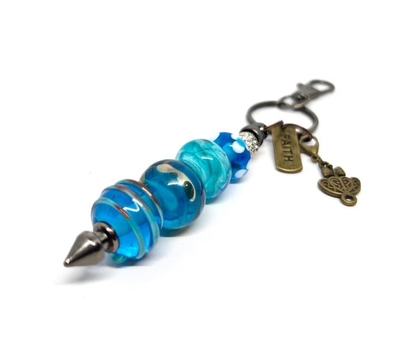 Handmade Lamp-work Glass Bead Bag Charm Keyring with added Charms Unique Gift 