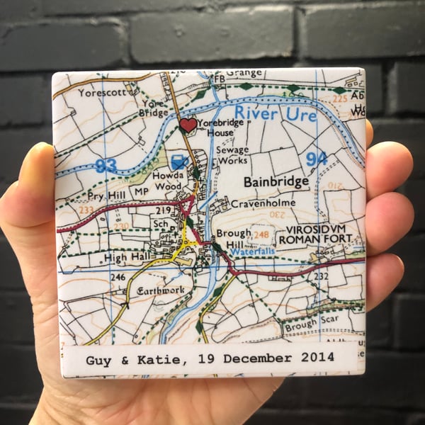 9th Wedding ANNIVERSARY Personalised Map Coaster, CONTEMPORARY map design