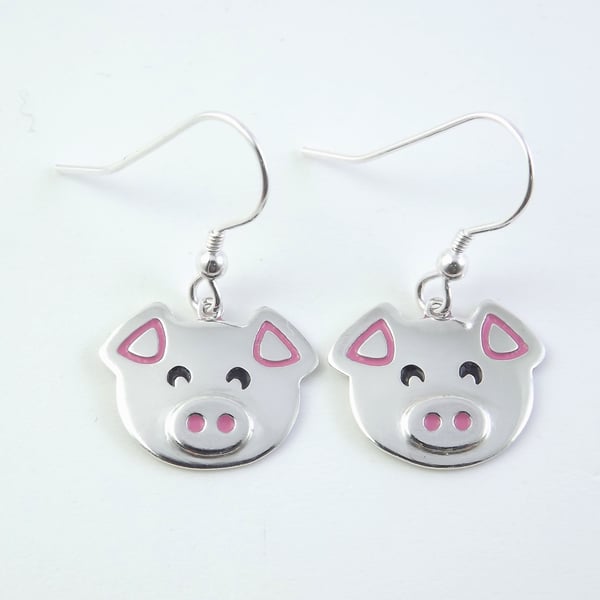 Pig Drop Earrings, Farm Animal Jewellery, Silver Piglet Gift for Her
