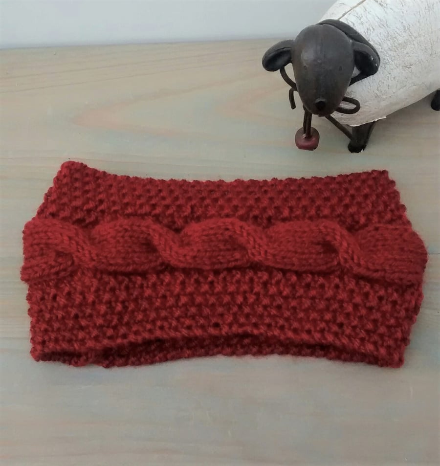 Cable Knit Ear Warmers in Russet Aran, Hand Knit Headband