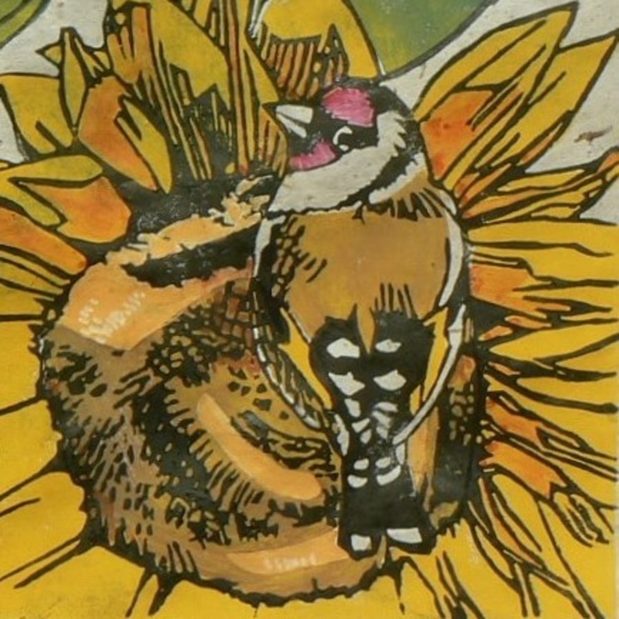 Goldfinches linocut print
