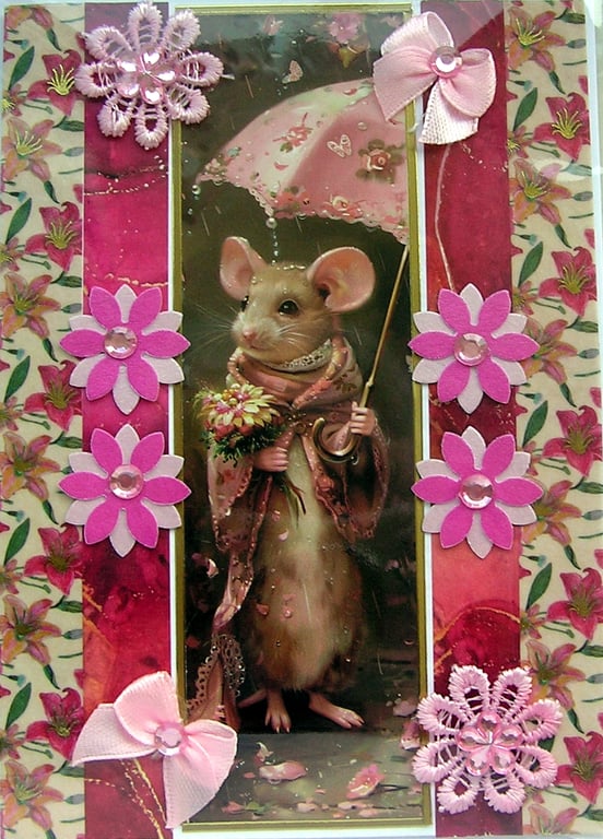 Umbrella Mouse - Hand Crafted Decoupage Greeting Card - Blank (3178)