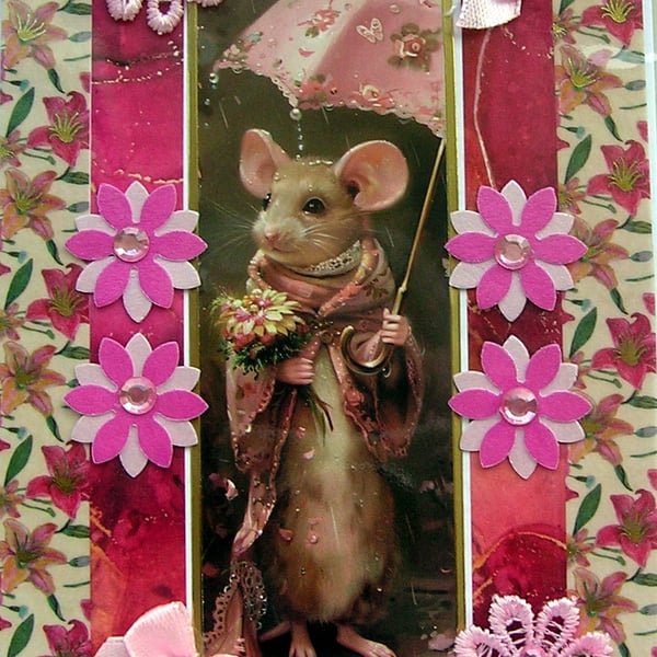 Umbrella Mouse - Hand Crafted Decoupage Greeting Card - Blank (3178)