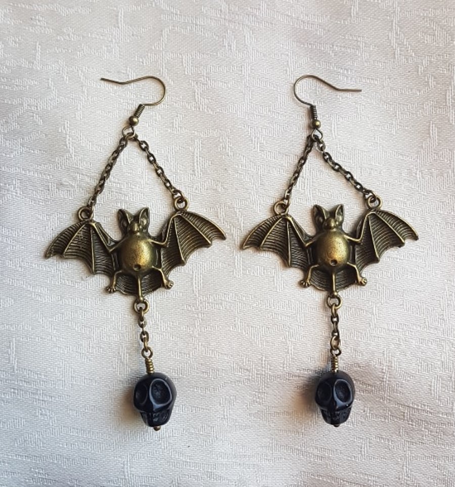 Antique Bronze tone Bat Earrings With Black Skull.