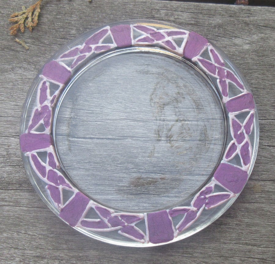 Glass Coaster with hand painted Celtic Knots in purples 