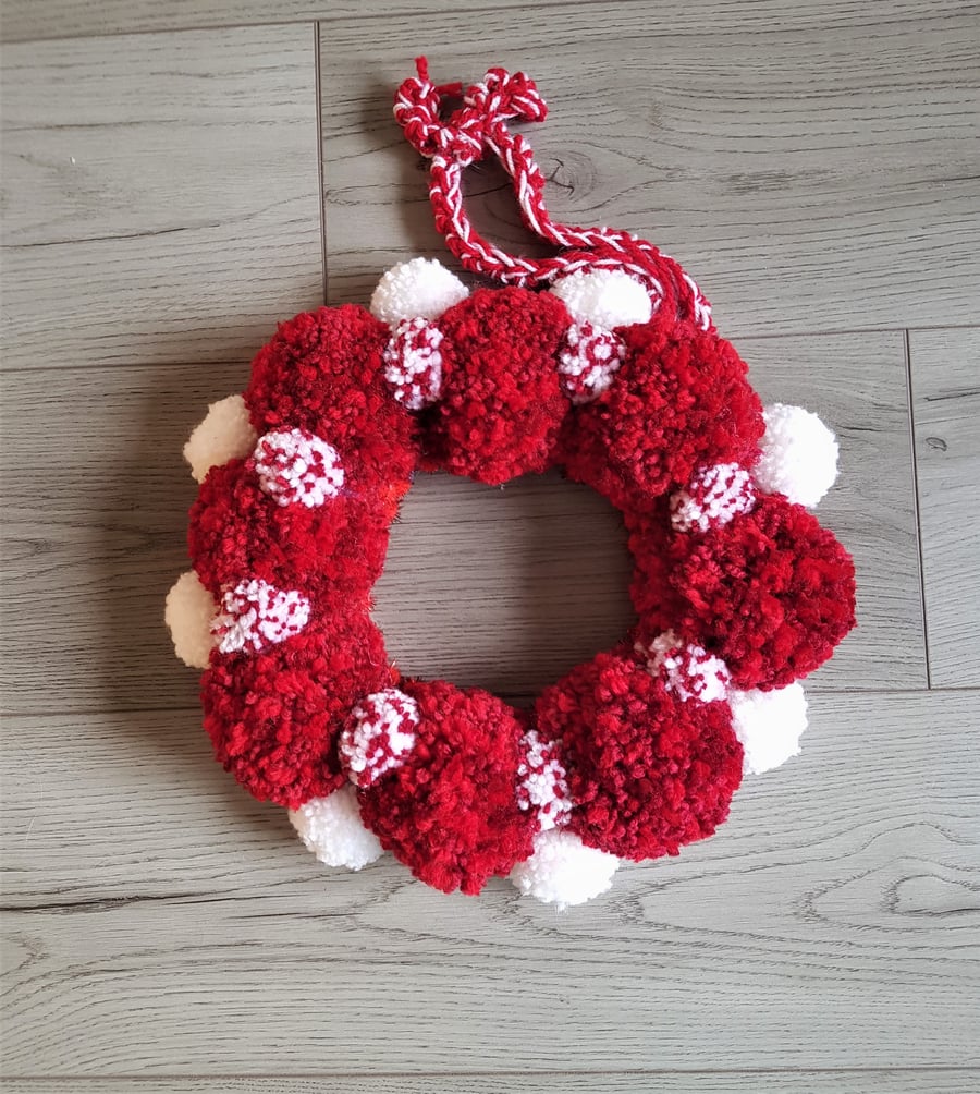 Red and White Pom Pom Wreath 34cms - 13inches