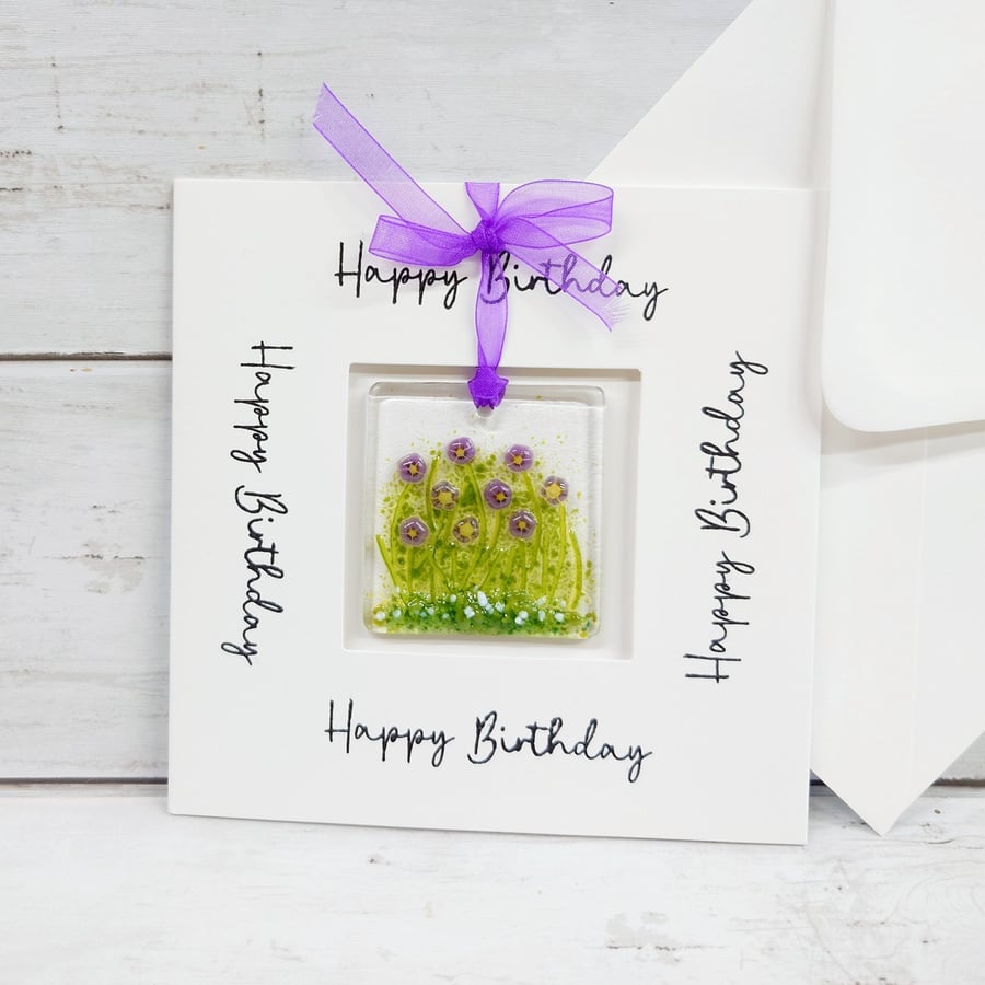 Fused Glass Violets Birthday Card 