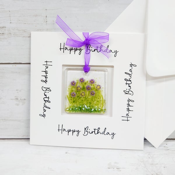 Fused Glass Violets Birthday Card 