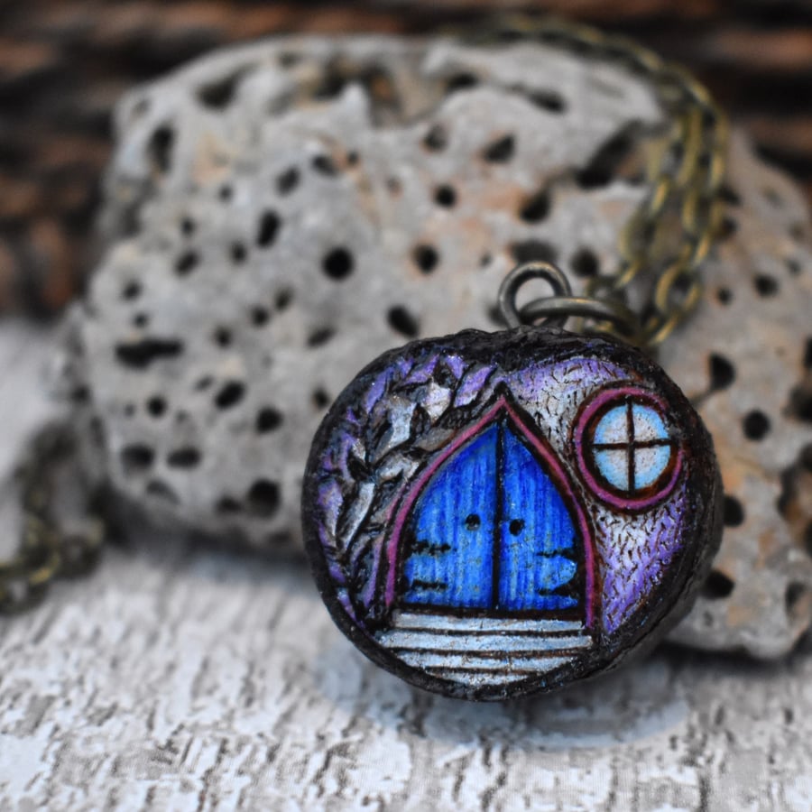 Fairy door pyrography mini pendant in purple and blue, branch slice necklace. 