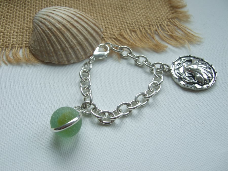 Sea glass marble bracelet, cat's eye marble bracelet silver plated bezel shell