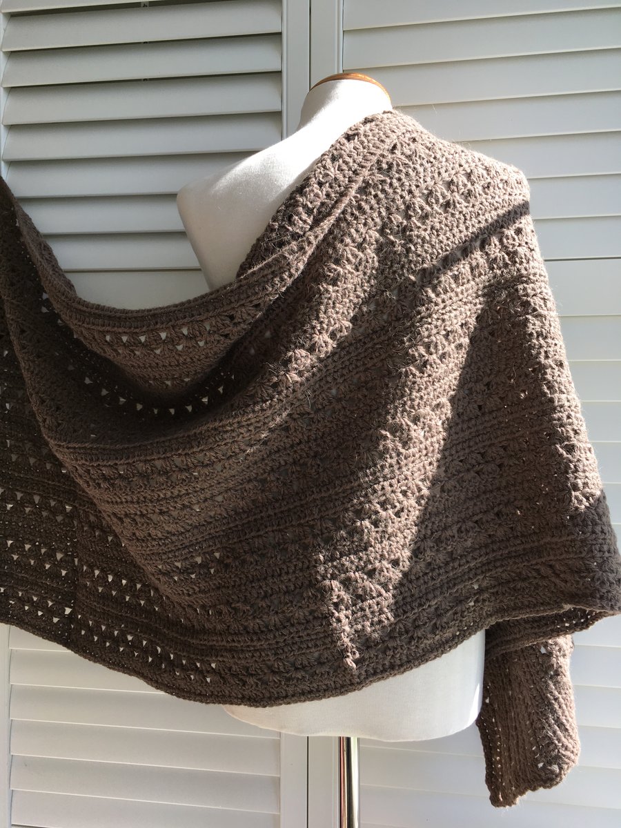 Hand made Mink brown generous shawl in superfine Alpaca mix yarn