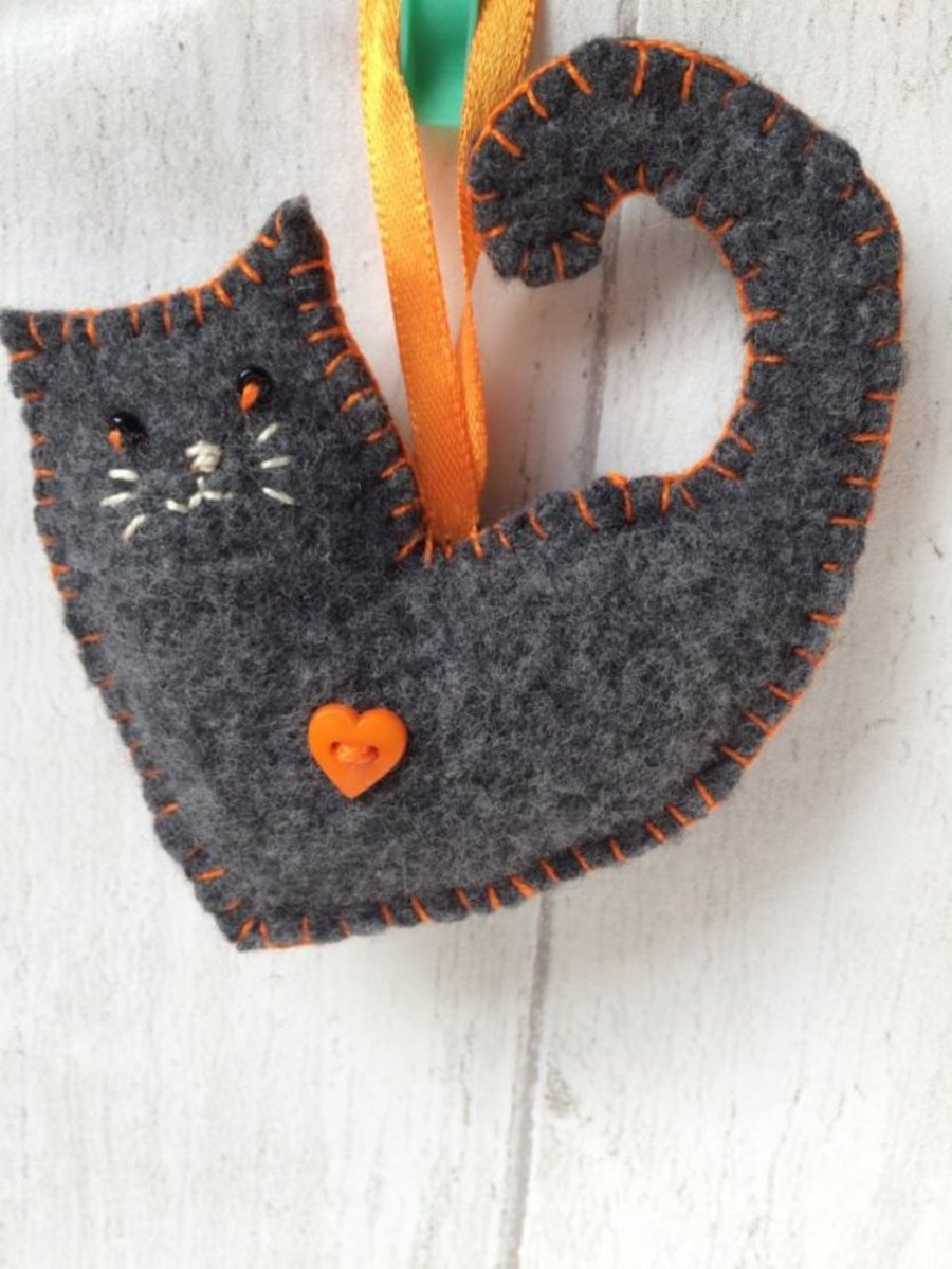 Felted wool cat-heart hanging decoration, with orange heart