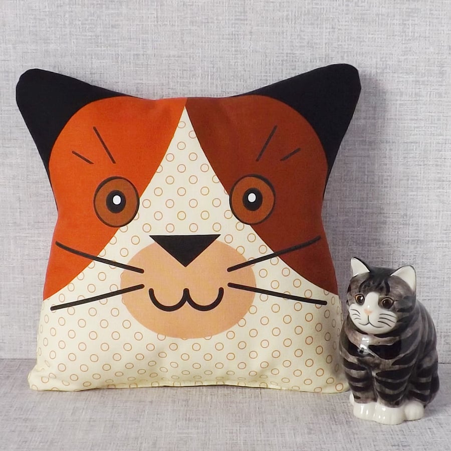 Cat cushion, cuddle cushion, accent cushion, calico cat.