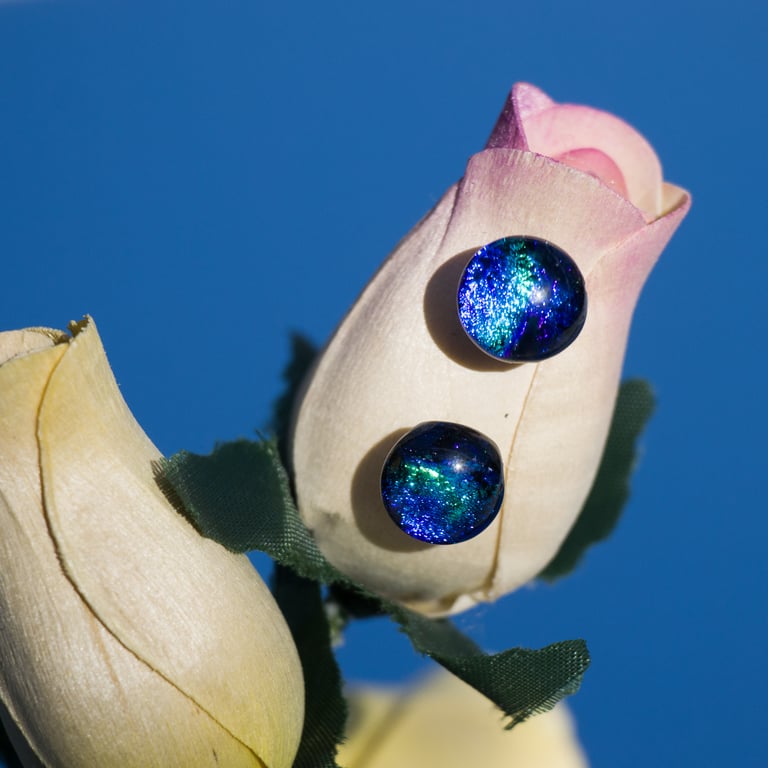 Purple, Blue and Turquoise Glass Earrings on Sterling Silver Studs - 2512