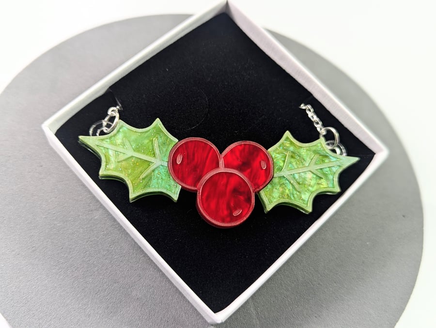 Holly necklace Christmas, acrylic holly jewelry, xmas necklace, gifts for her