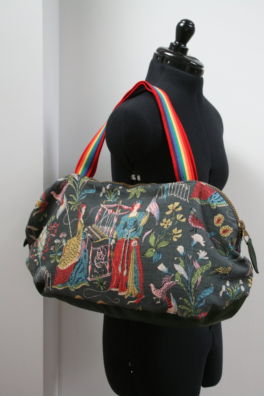 Overnight bag - upcycled and vintage weaving retro rainbow holdall tote, handbag