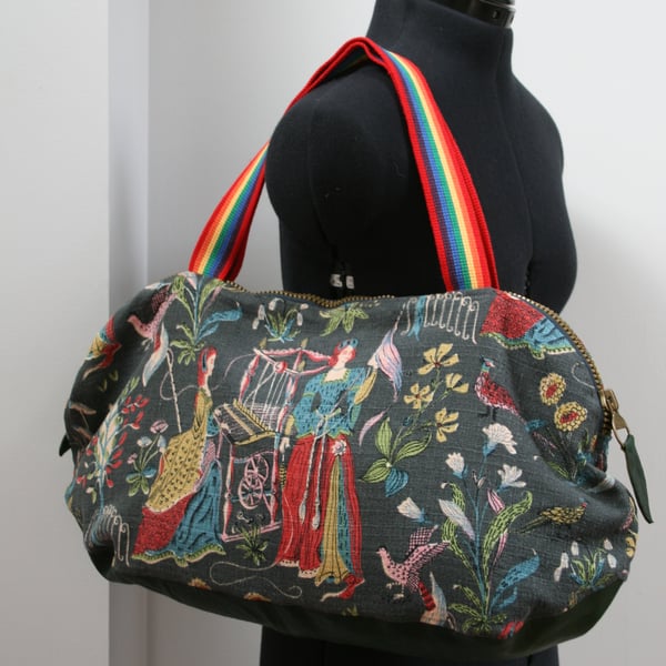 Overnight bag - upcycled and vintage weaving retro rainbow holdall tote, handbag