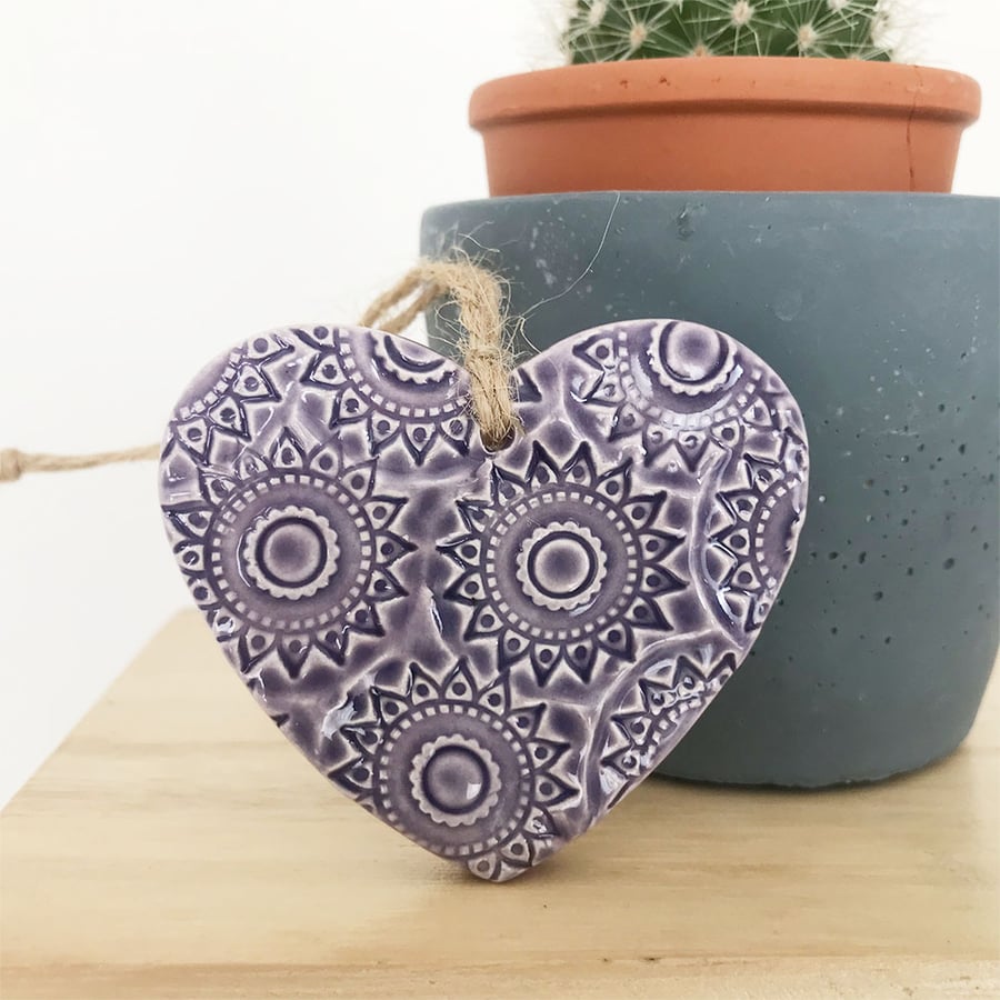 Small Ceramic heart hanging decoration Pottery Heart Purple