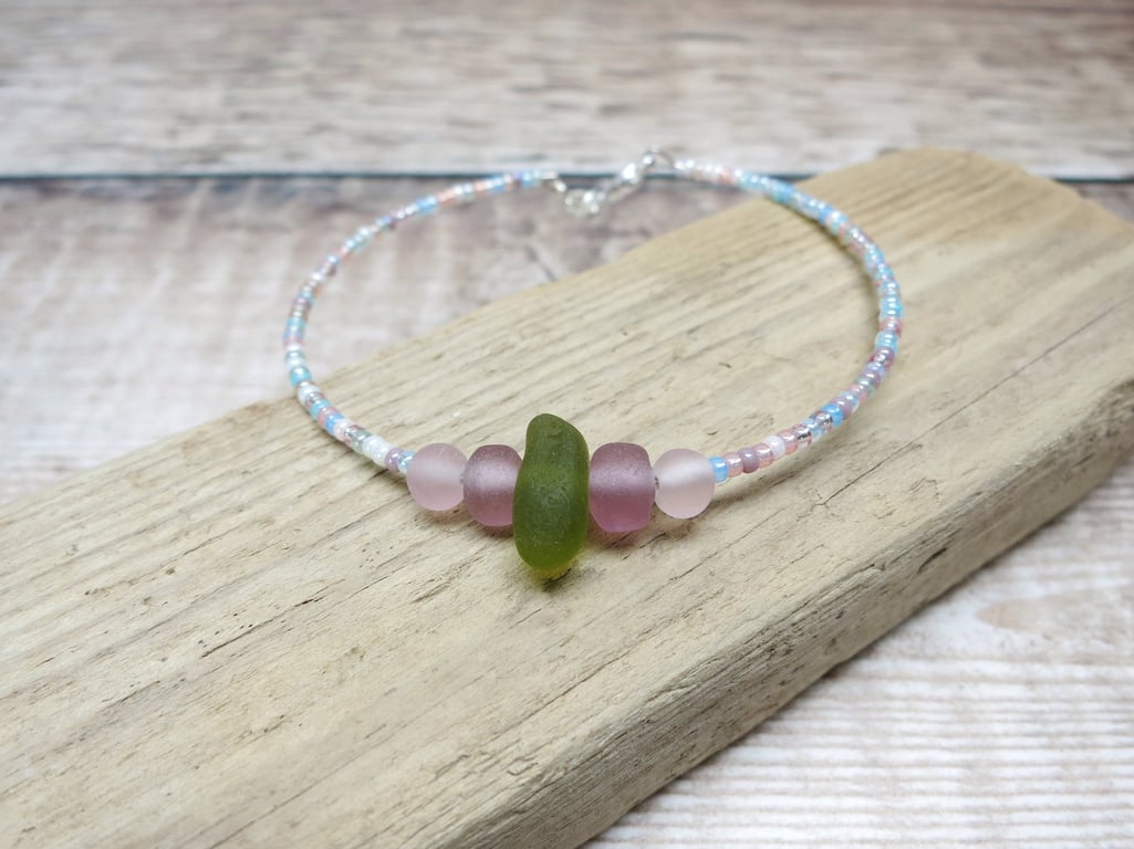 Olive Green Cornish Sea Glass Bracelet with Pastel Mix Seed Beads 