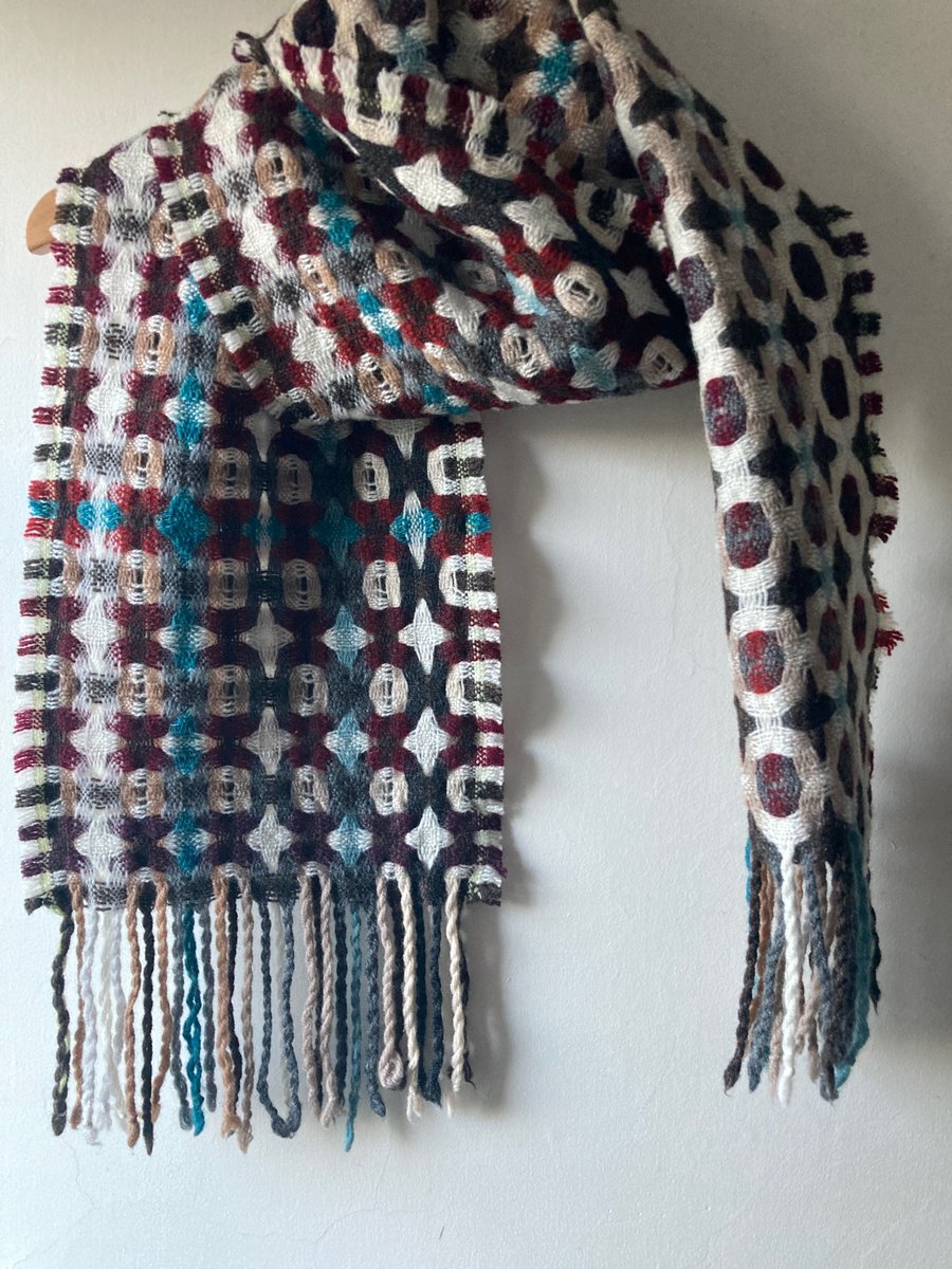Handwoven Lambswool Scarf in Red and Brown, Golfballs