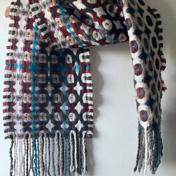 Handwoven Lambswool Scarf in Red and Brown, Golfballs