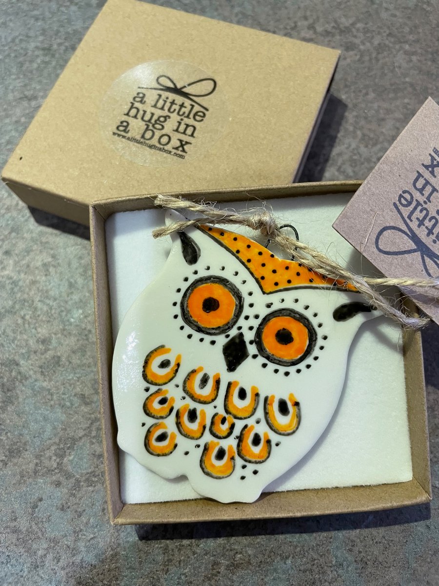 A little hug in a box Orange Owl porcelain gift 