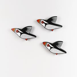 Puffin wall decoration, set of 3 flying miniature birds, wooden, hand painted.