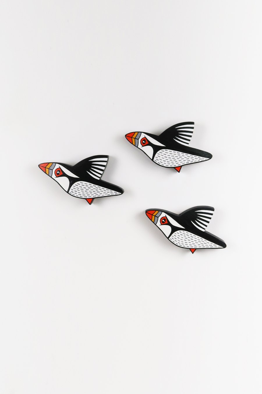 Puffin wall decoration, set of 3 flying miniature birds, wooden, hand painted.