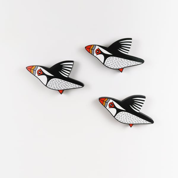Puffin wall decoration, set of 3 flying miniature birds, wooden, hand painted.