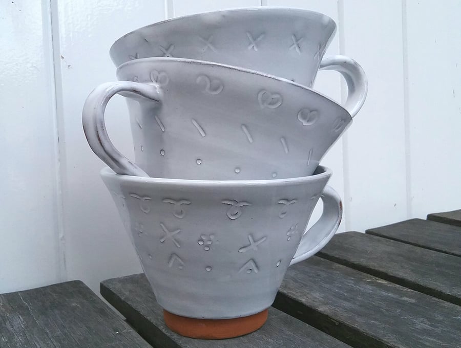 Ceramic hand thrown & stamped white glazed terracotta cup - hand made coffee cup