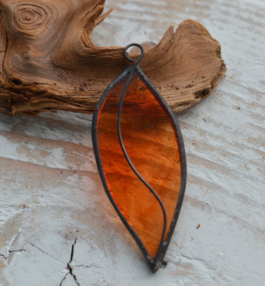 Handmade Orange Amber Stained Glass Leaf Pendant