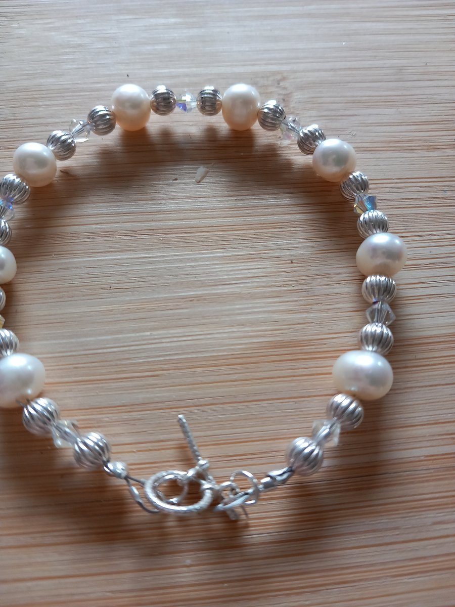 Sterling silver cream pearl bracelet for mothers day gift wedding initial 