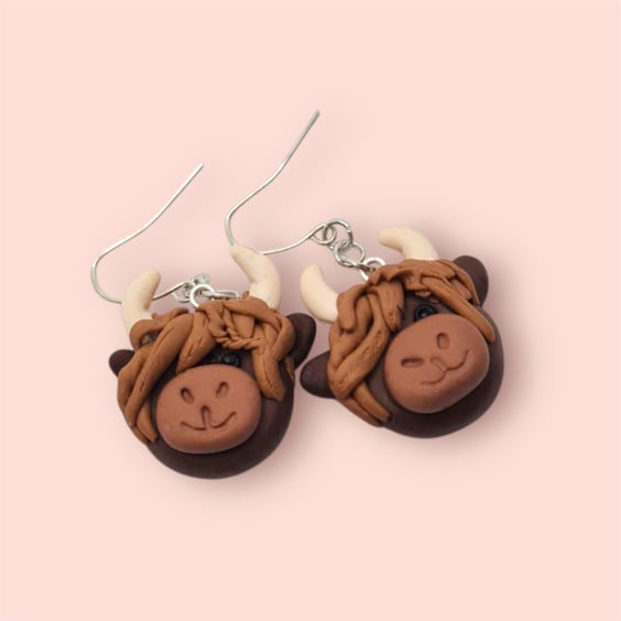 Highland Cow Earrings, Polymer Clay Jewellery, Brown Cow Charm Dangle Earrings 