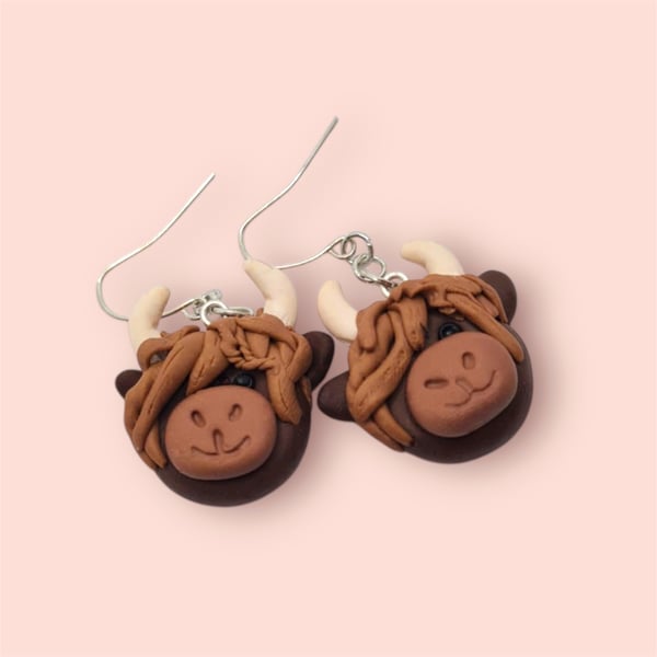 Highland Cow Earrings, Polymer Clay Jewellery, Brown Cow Charm Dangle Earrings 