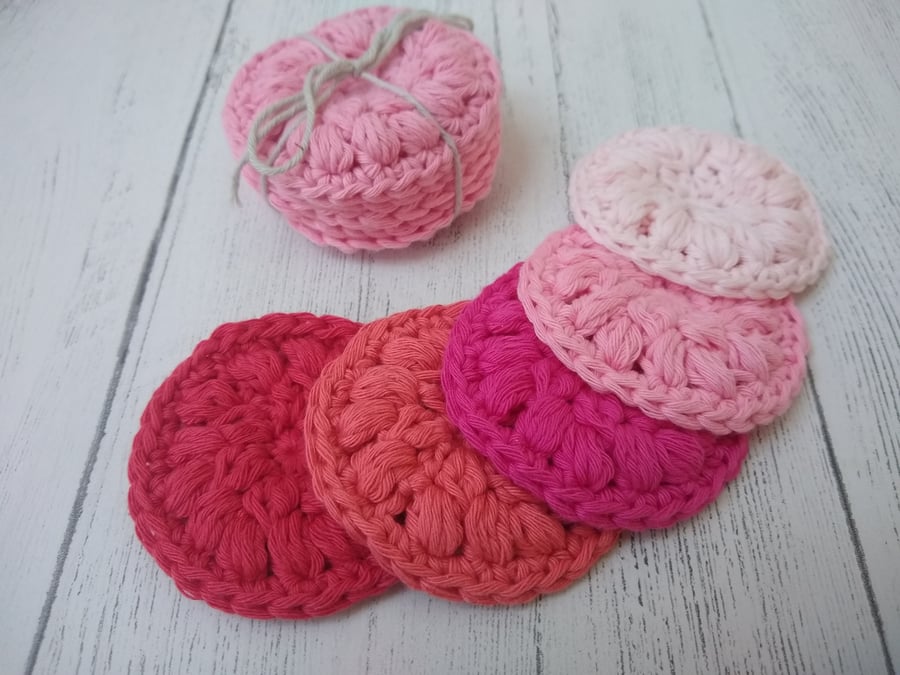 Shades of Pink cotton face wipes, Make remover pads, reusable scrubbies 5 pack