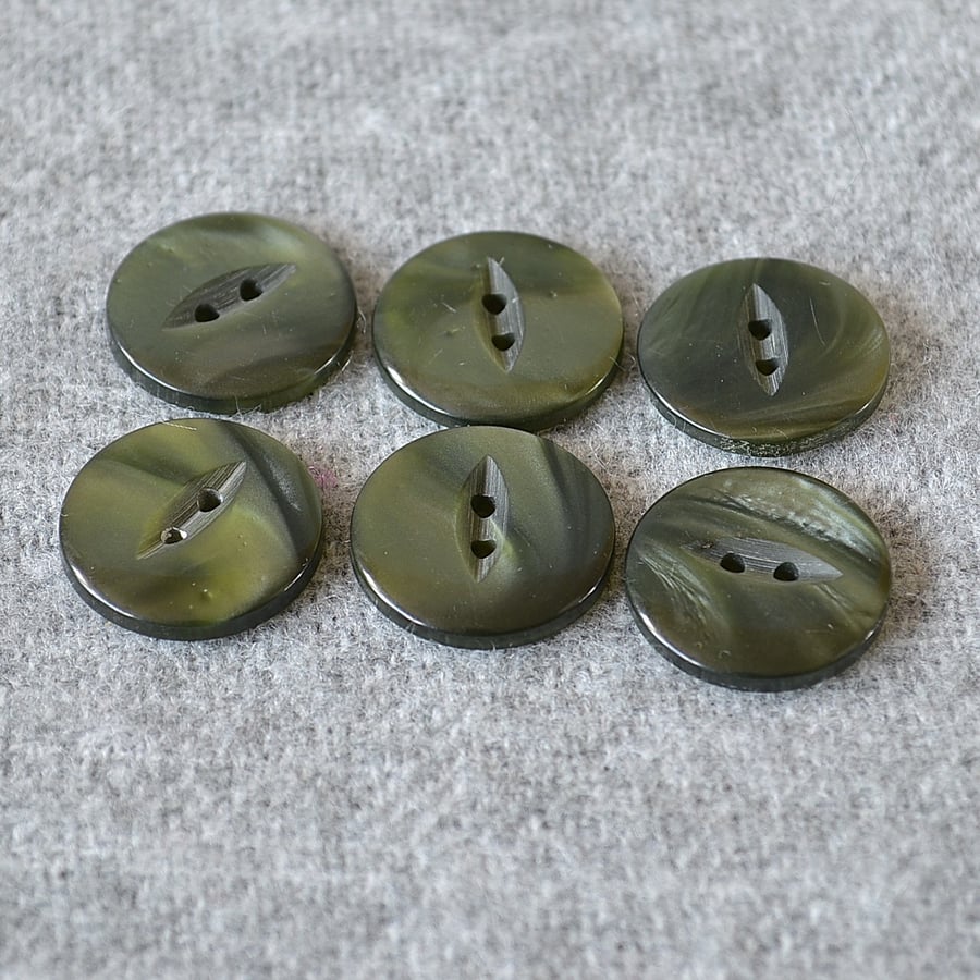 DESTASH: 6 Vintage 23mm Dark Green Pearlescent Swirl Plastic Buttons 