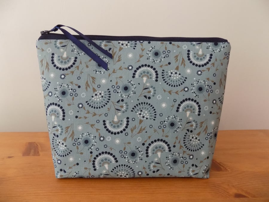 Floral Abstract Toiletries Bag Large Make Up Cosmetics Case Blue Cotton Fabric