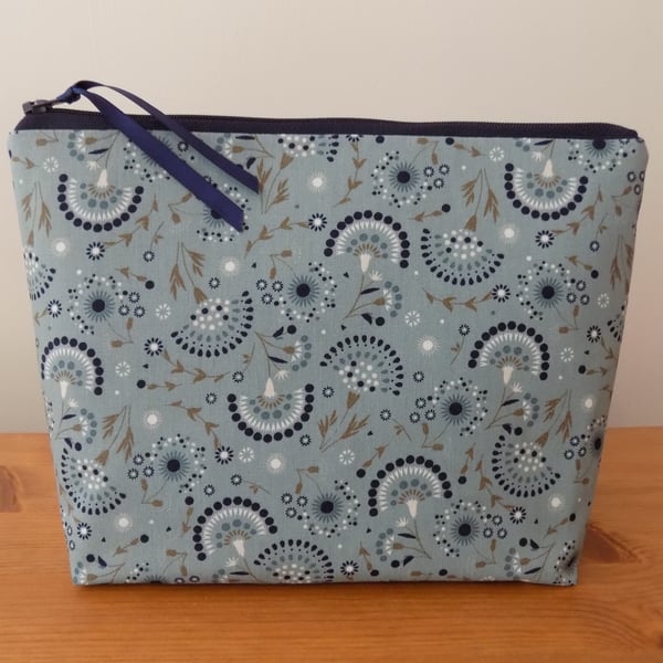 Floral Abstract Toiletries Bag Large Make Up Cosmetics Case Blue Cotton Fabric