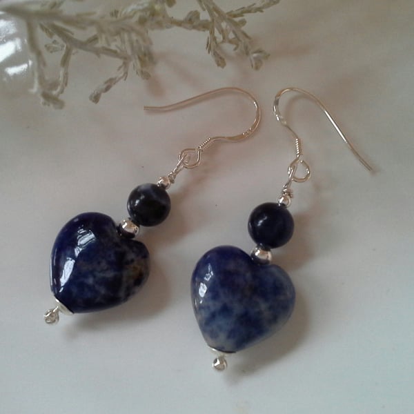 Blue Sodalite Heart Sterling Silver Earrings