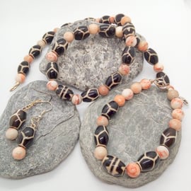 Beaded Jewellery Set Made With Black Tribal Beads and Spider Jasper Beads